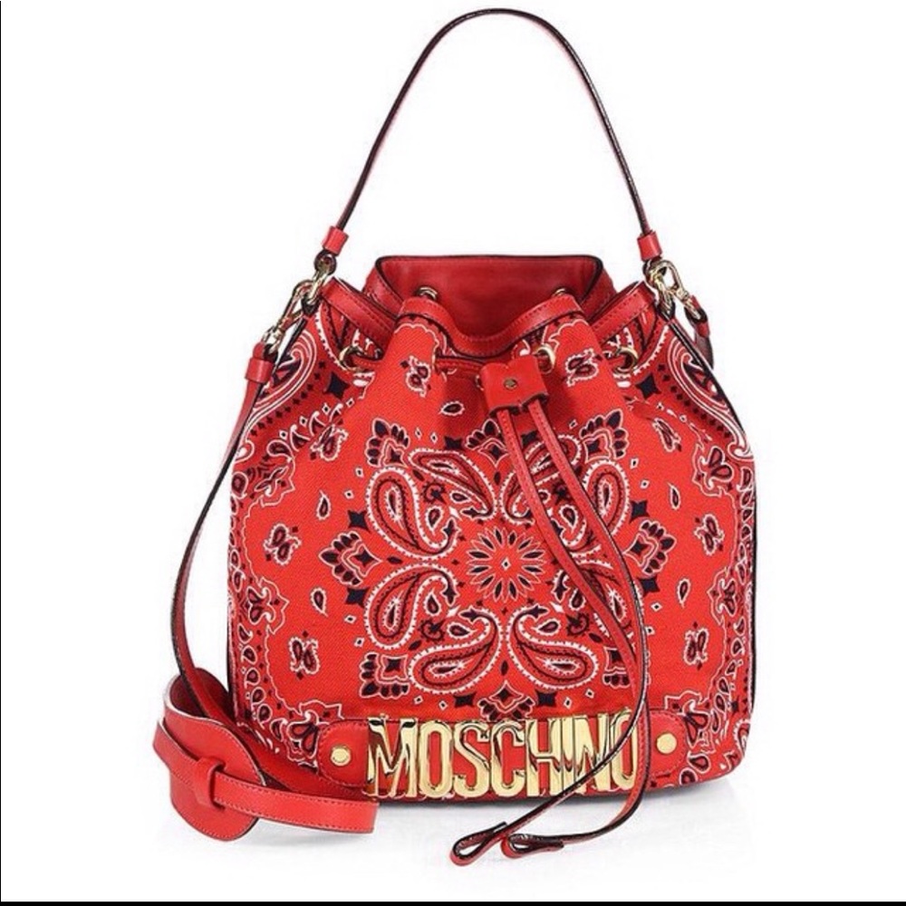 Moschino Jeremy Scott Resort Red Bandana Canvas Drawstring Crossbody Bucket Bag